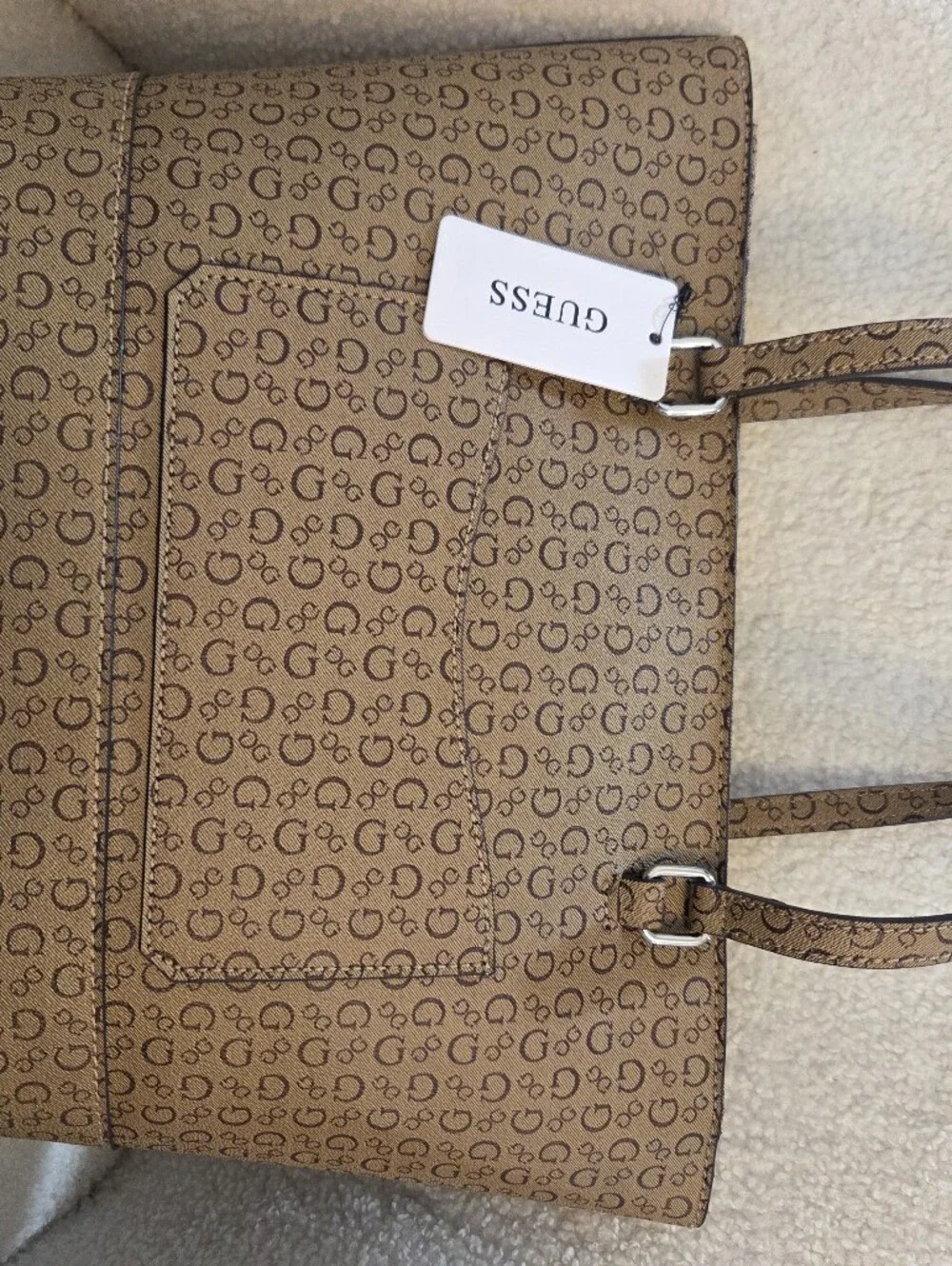 Guess Brown Monogram Tote with Gold Accent